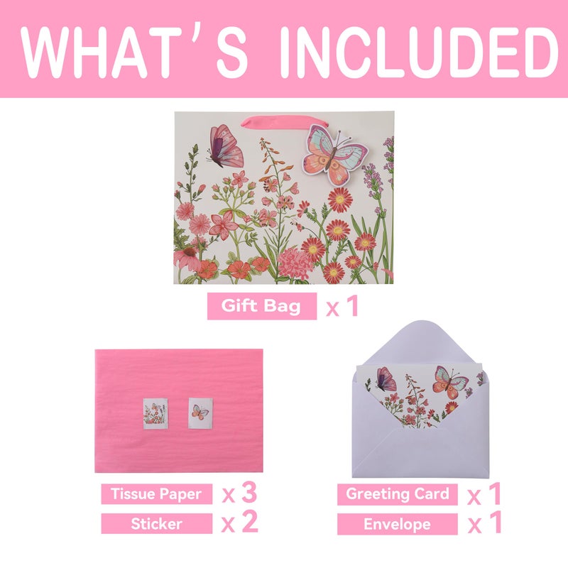 Qirrmiy 13"" Large Pink Gift Bag Set with Greeting Card and Tissue Papers (3D Butterfly and Flowers) for Women's Birthday Party  Girls' or Kids'  Mothers' Day  Wedding  Valentine's Day - Image 3